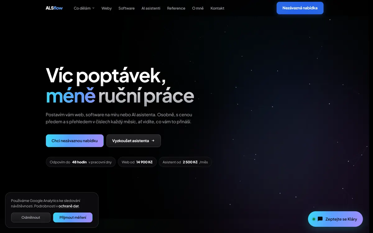 Úvodní stránka alsflow.cz s Klárou